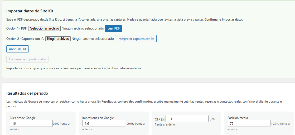 Importación de informes y capturas de Site Kit en Ruta SEO